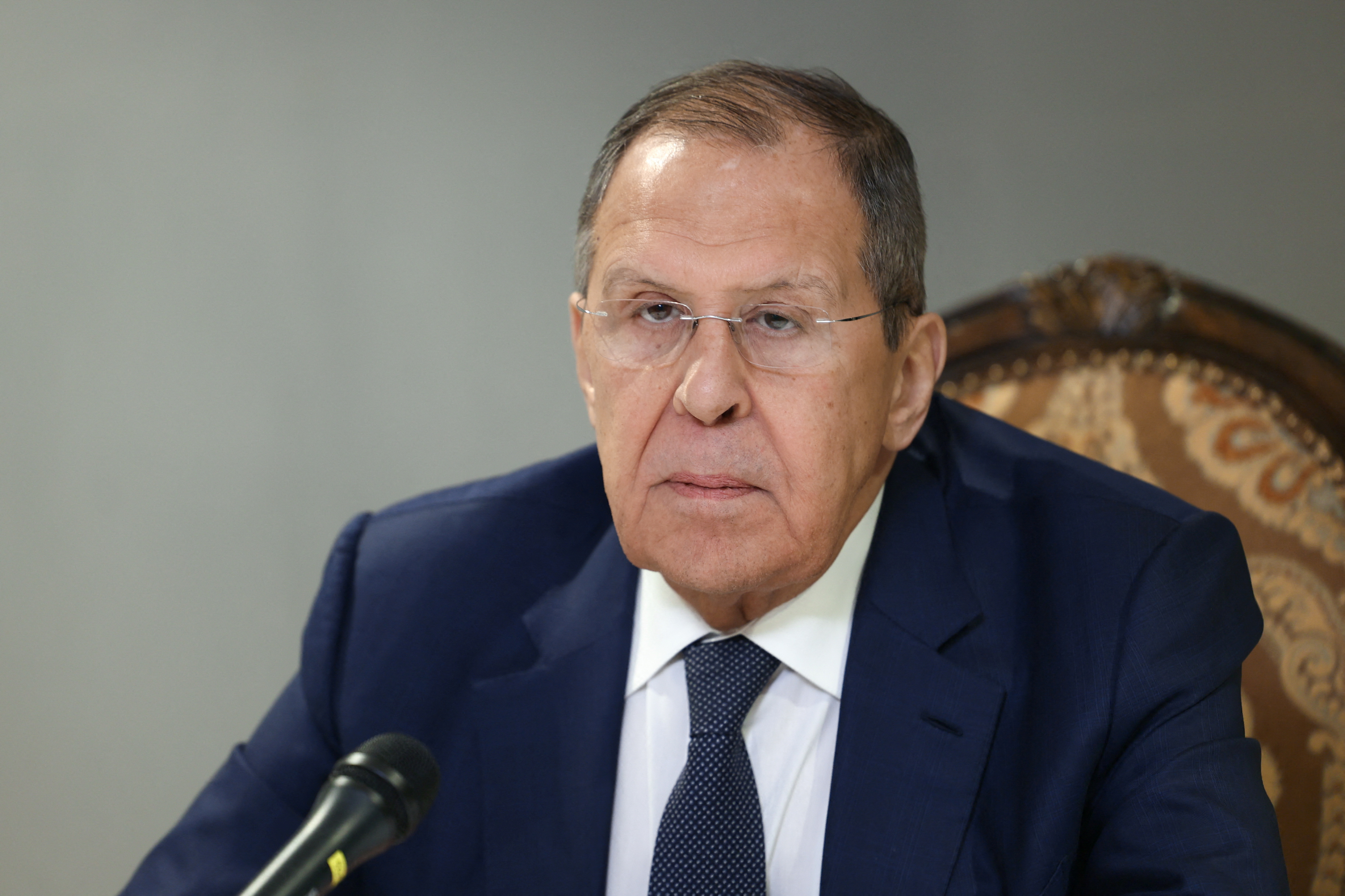 Russian Foreign Minister Sergei Lavrov attends a press conference in Riyadh