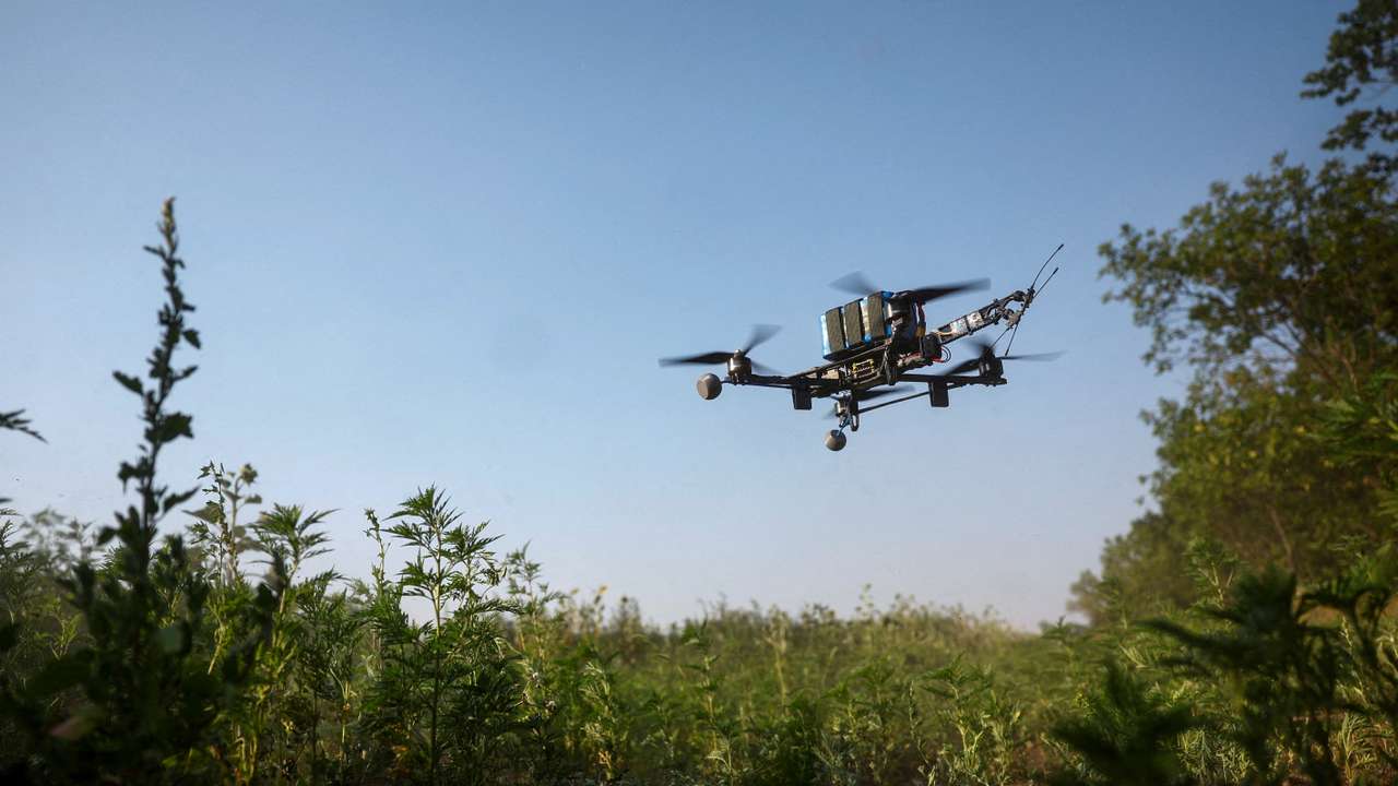 FILE PHOTO: View shows an interceptor FPV-drone during its flight, in an undisclosed location in Dnipropetrovsk region