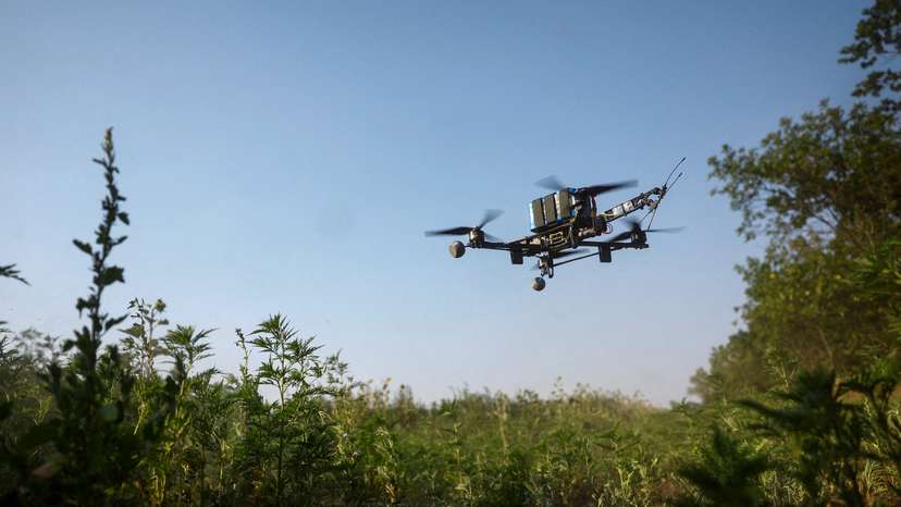 FILE PHOTO: View shows an interceptor FPV-drone during its flight, in an undisclosed location in Dnipropetrovsk region
