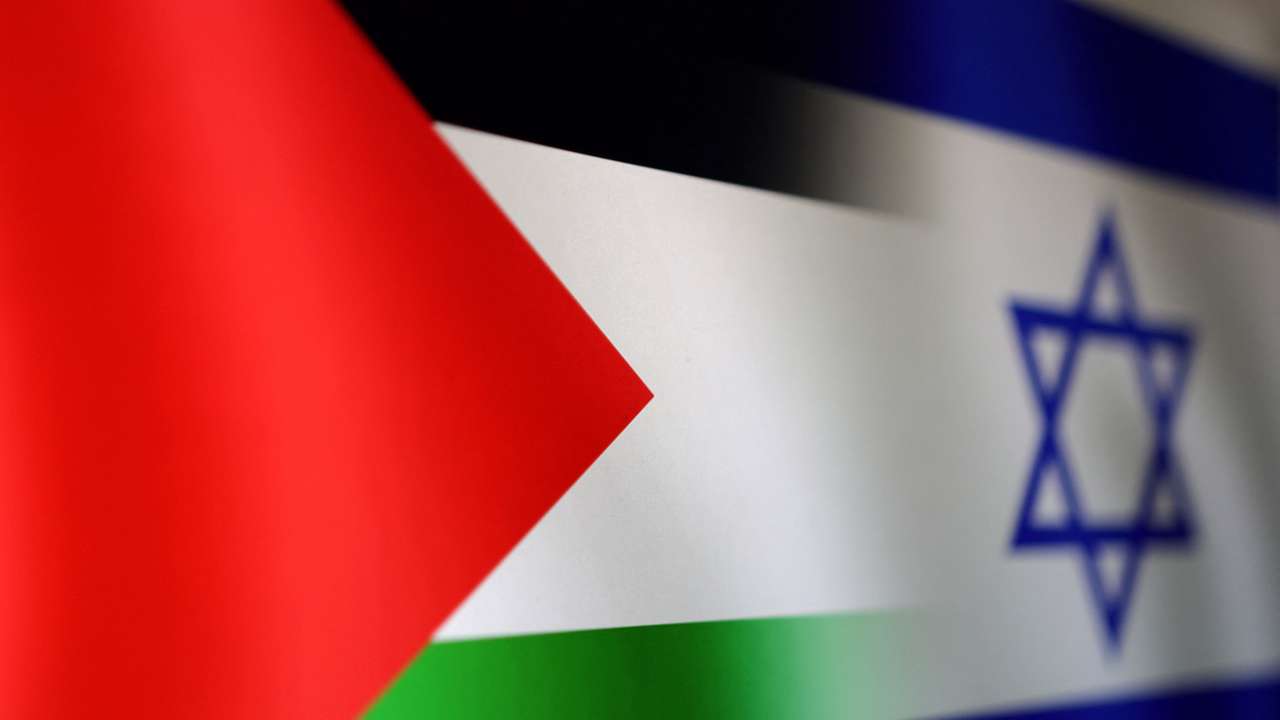 Illustration shows Palestinian and Israel flags