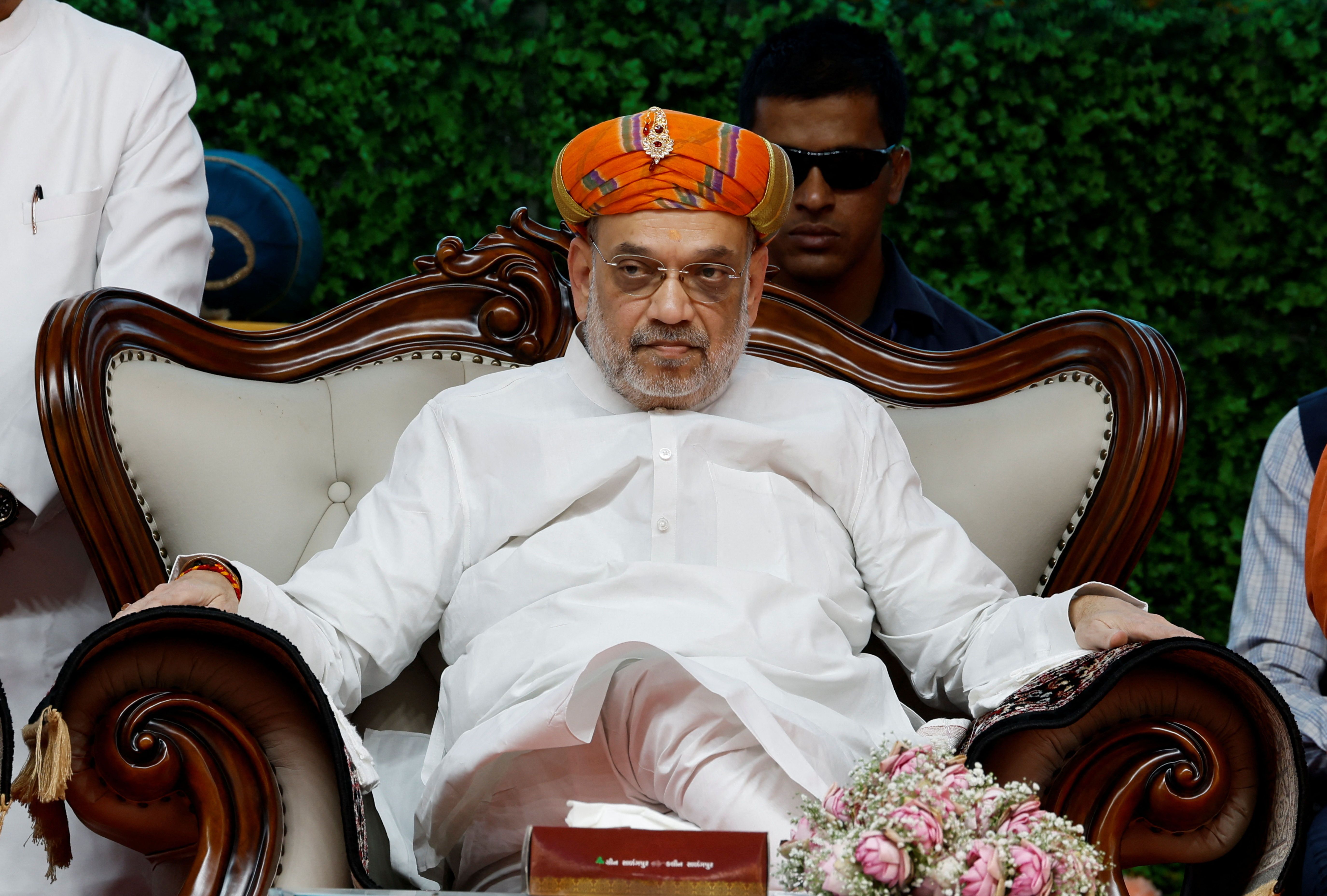 India's Home Minister Amit Shah attends an inauguration ceremony of Gopalanand Swami Yatrik Bhavan at a temple premises in Salangpur