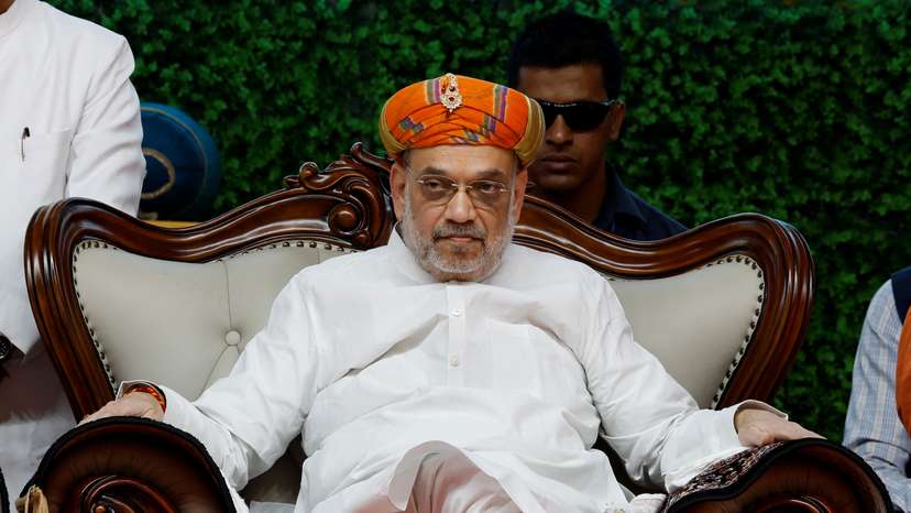 India's Home Minister Amit Shah attends an inauguration ceremony of Gopalanand Swami Yatrik Bhavan at a temple premises in Salangpur