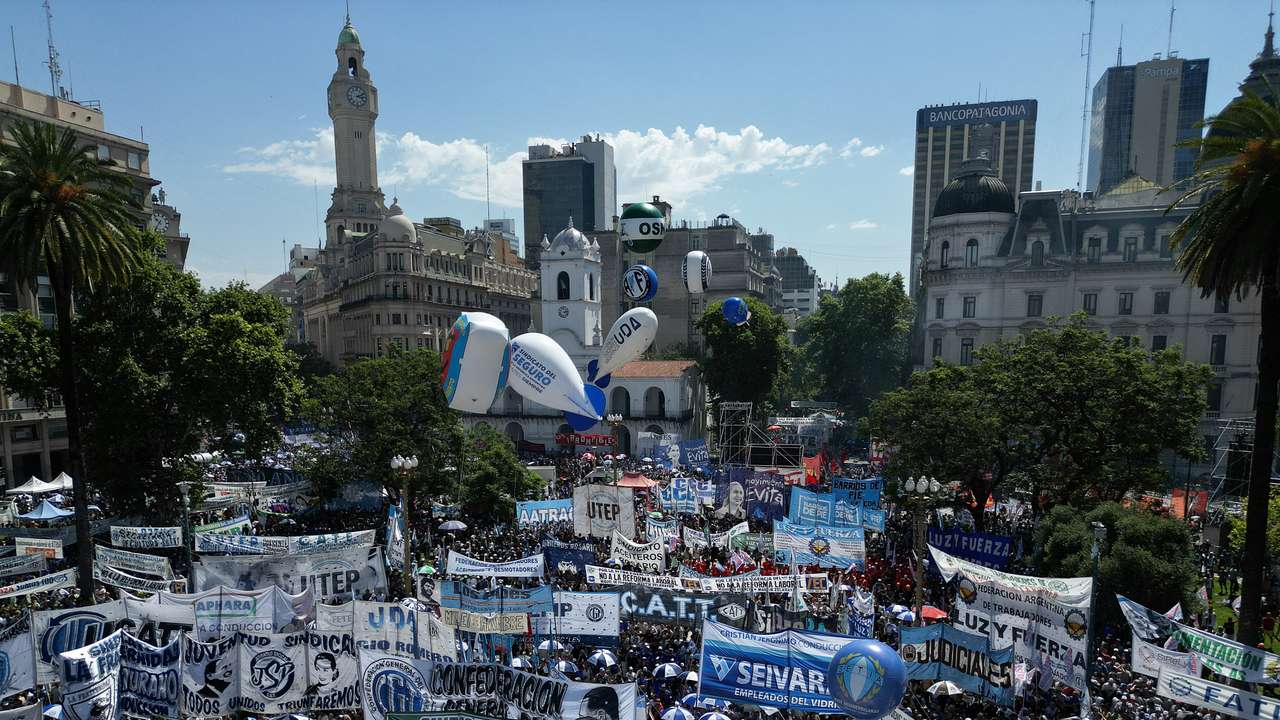 Members of Argentina's CGT protest against the government's proposed labour law reform, in Buenos Aires