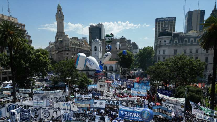 Members of Argentina's CGT protest against the government's proposed labour law reform, in Buenos Aires
