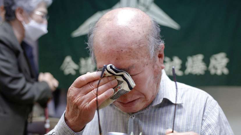 Shigemitsu Tanaka, a member of Japan Confederation of A- and H-Bomb Sufferers Organizations (Nihon Hidankyo), who survived the 1945 atomic bombing of Nagasaki, cries after the 2024 Nobel Peace Prize winner was announced in Nagasaki
