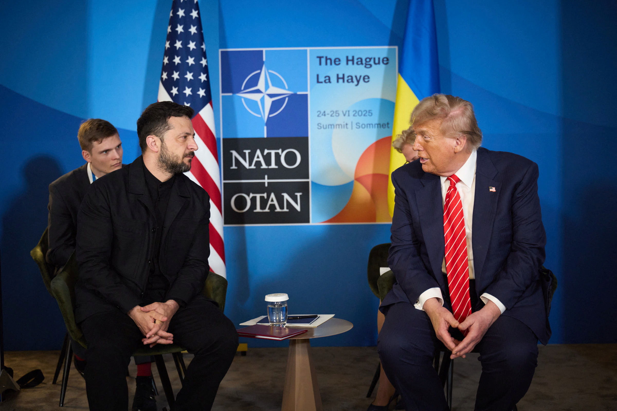U.S. President Trump and Ukraine's President Zelenskiy attend a meeting on the sidelines of NATO summit in The Hague
