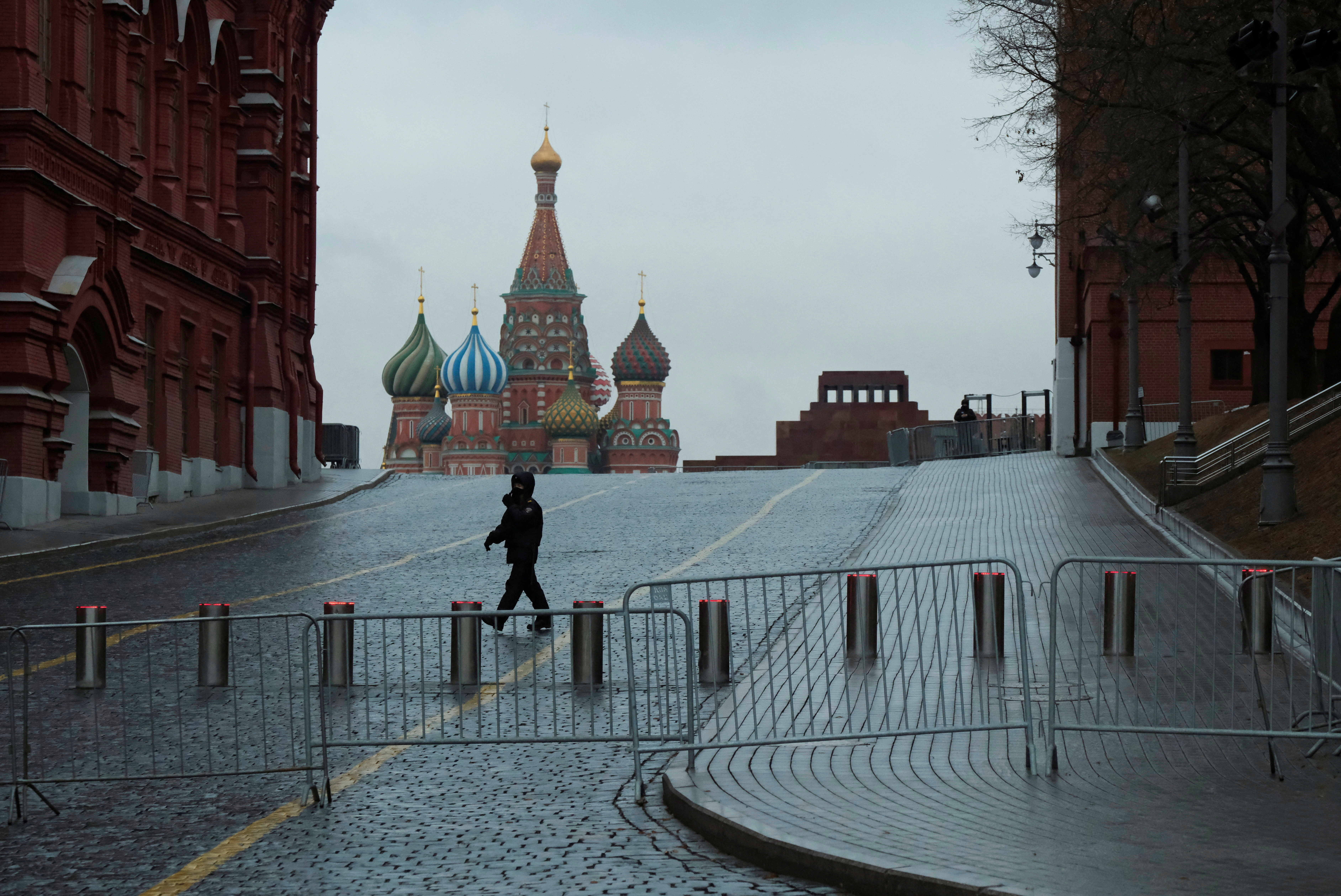 A law enforcement officer walks through Red Square in Moscow