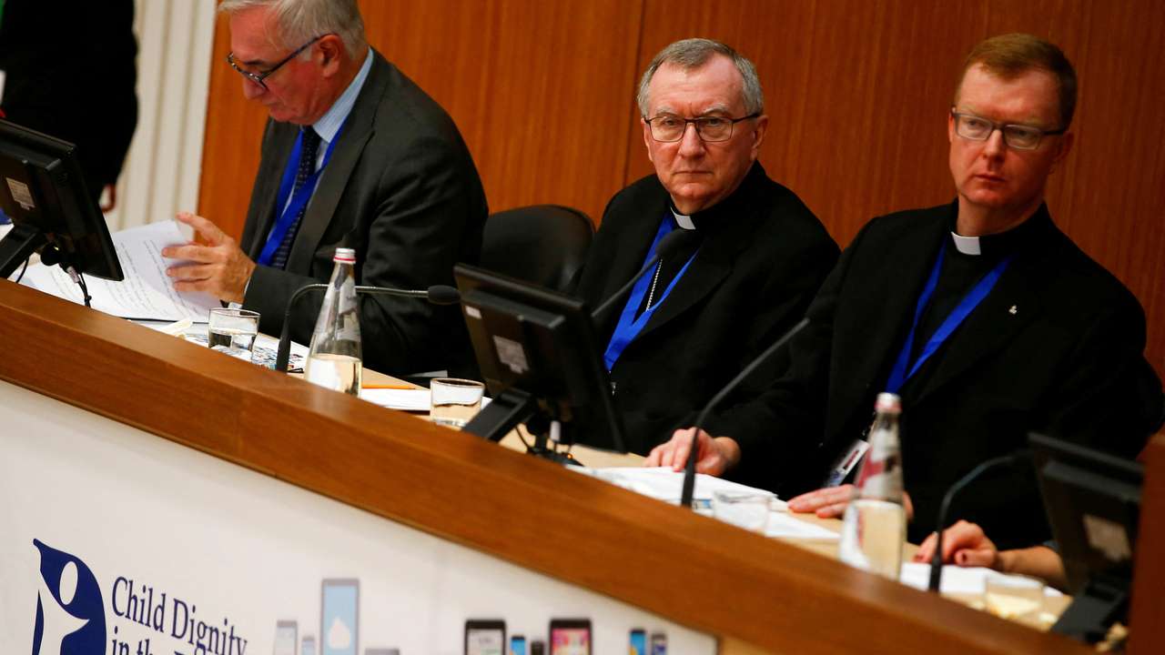 FILE PHOTO: Vatican Secretary of State Cardinal Pietro Parolin and father Hans Zollner, President of the Centre for Child Protection, attend the World Congress "Child Dignity in the Digital World" in Rome