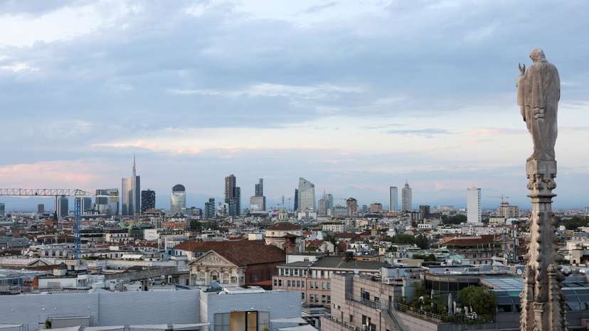 A view shows Milan's skyline during sunset in Milan