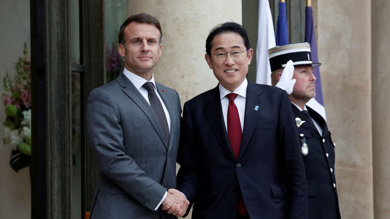 French President Macron meets Japan's Prime Minister Fumio Kishida at the Elysee Palace