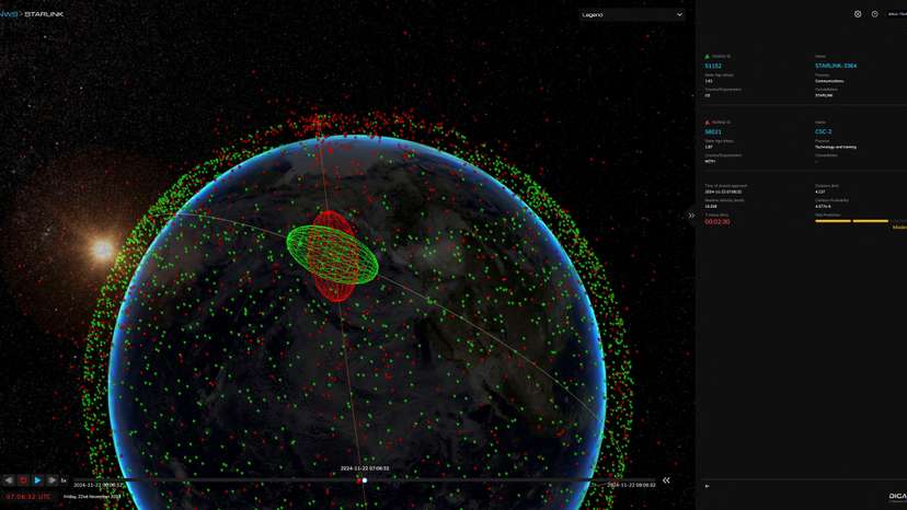 An image of active and defunct satellites in low Earth Orbit is seen on a Digantara terminal in Bengaluru