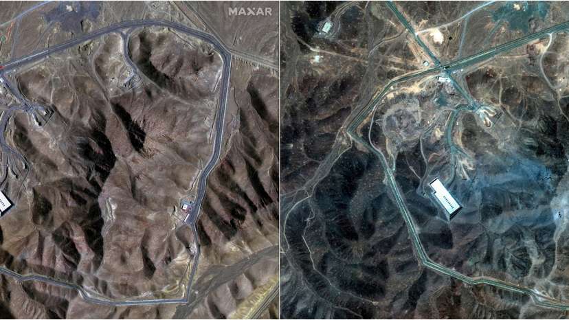 A combination picture shows satellite images over Fordow underground complex, before and after the U.S. struck the underground nuclear facility, near Qom