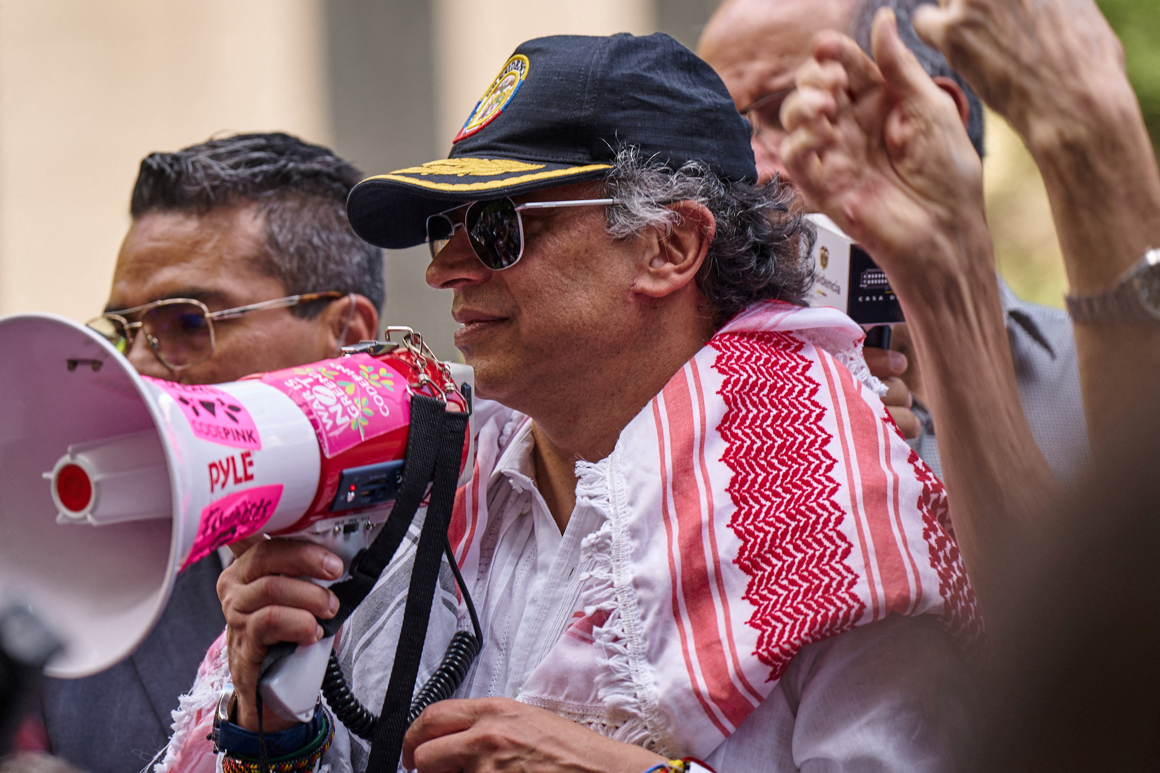 Colombian President Gustavo Petro addresses pro-Palestinian demonstrators during the 80th U.N. General Assembly, in New York City