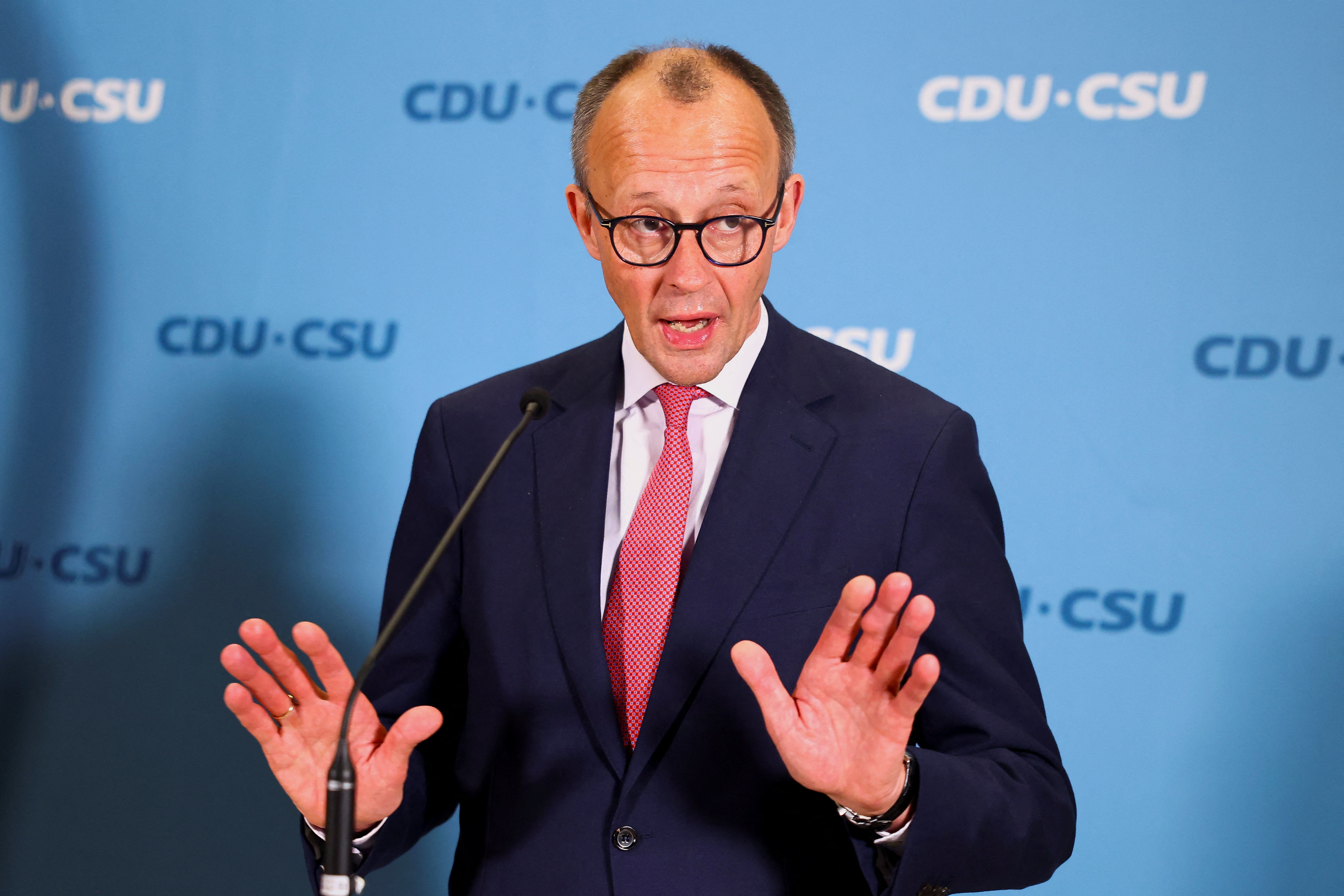 Christian Democratic Party (CDU) party leader Friedrich Merz speaks to the media, in Berlin