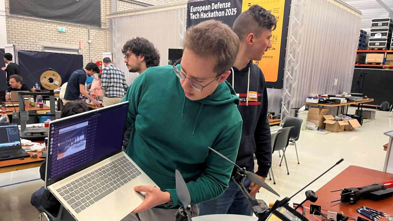 People take part in the European Defense Tech Hub hackathon at DeltaQuad headquarters in Amsterdam