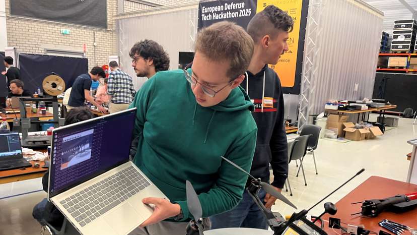 People take part in the European Defense Tech Hub hackathon at DeltaQuad headquarters in Amsterdam