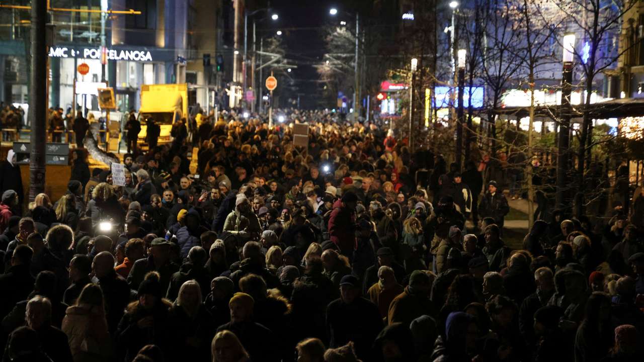 Supporters of the opposition 'Serbia Against Violence' (SPN) coalition gather in front of St. Marko church, in Belgrade