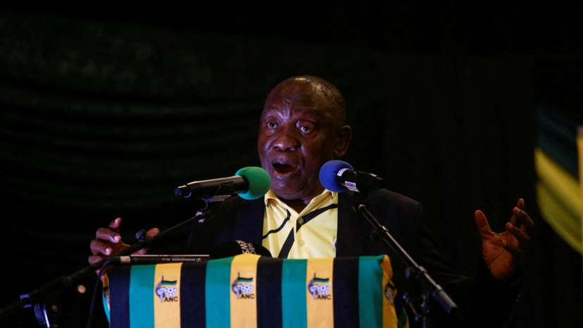 FILE PHOTO: South African President Cyril Ramaphosa speaks at an election rally in Chatsworth