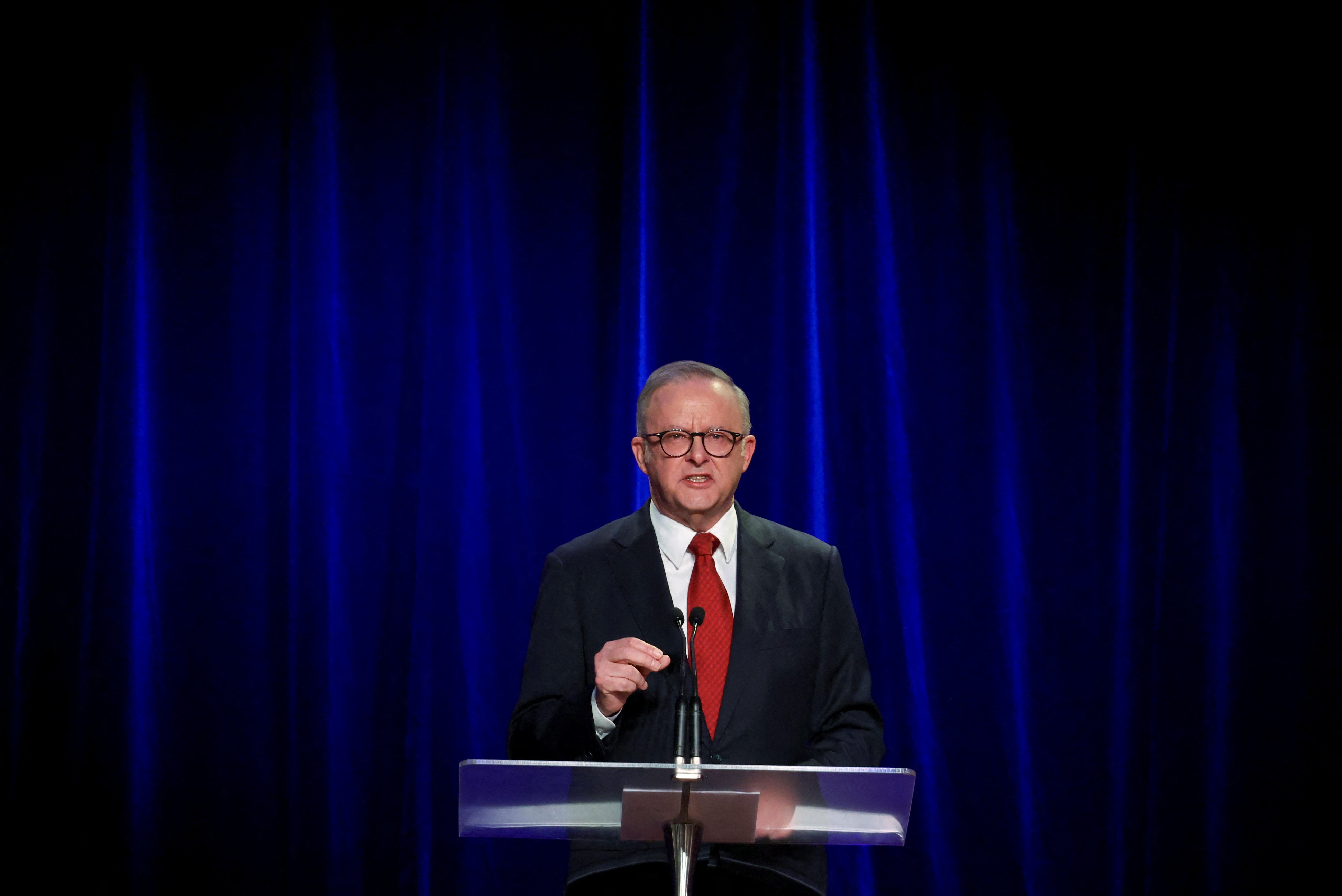 FILE PHOTO: Australia's Prime Minister Anthony Albanese speaks at a Labor party election night event
