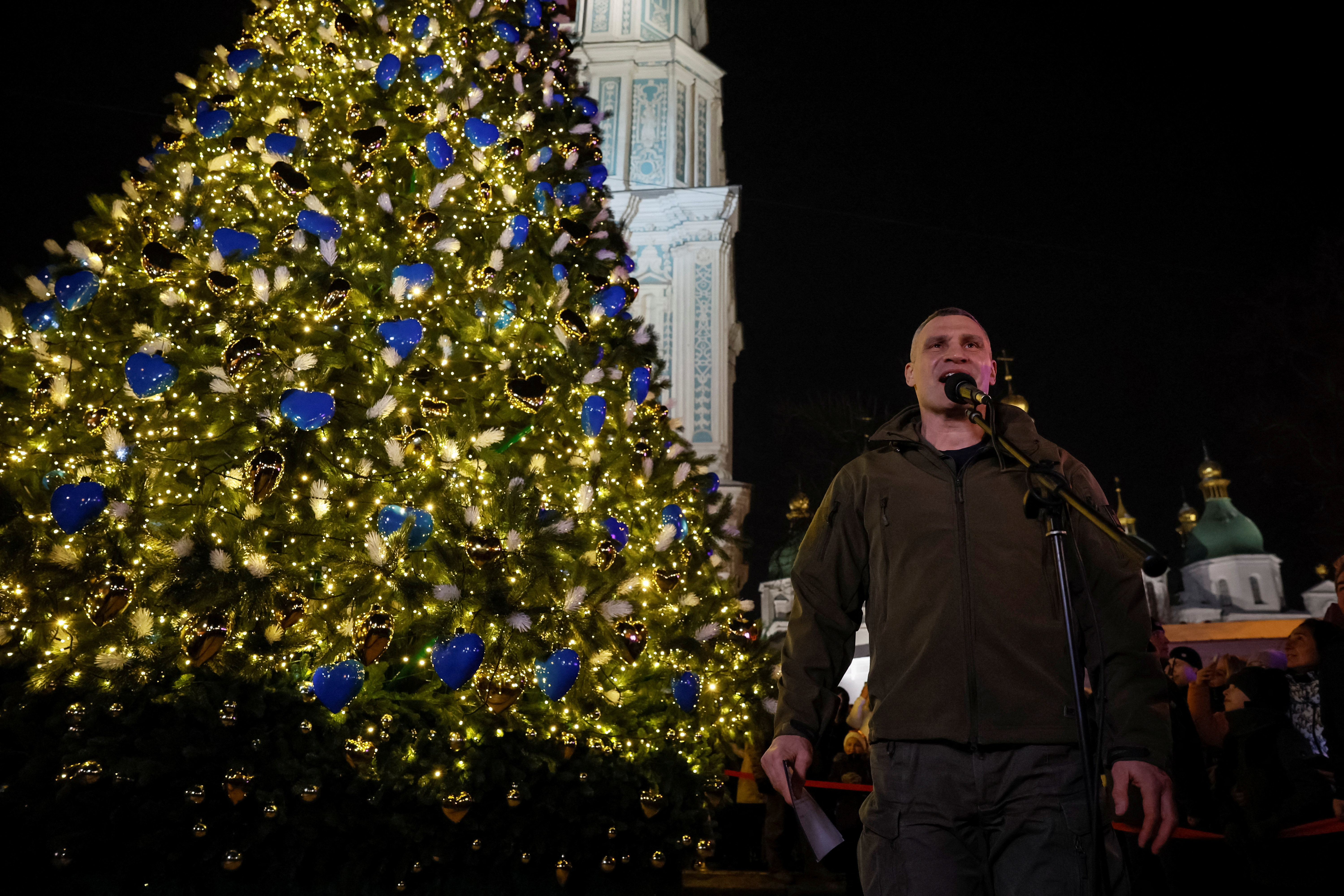 Kyiv’s Mayor Klitschko visits Sofiyska Square, where a Christmas tree was lighted, in Kyiv
