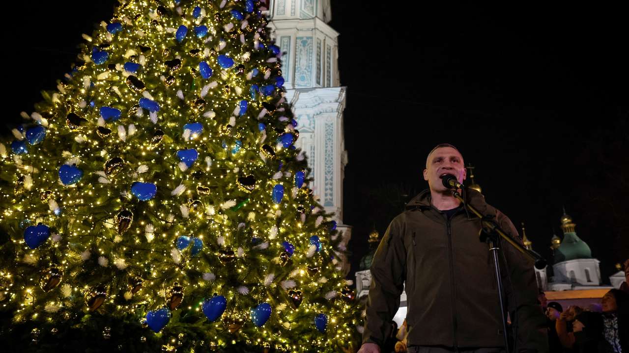 Kyiv’s Mayor Klitschko visits Sofiyska Square, where a Christmas tree was lighted, in Kyiv