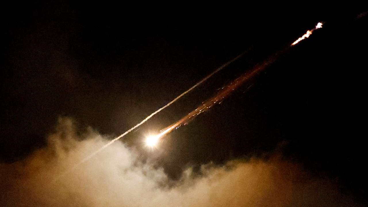 A missile launched from Iran towards Israel is seen from Ramallah