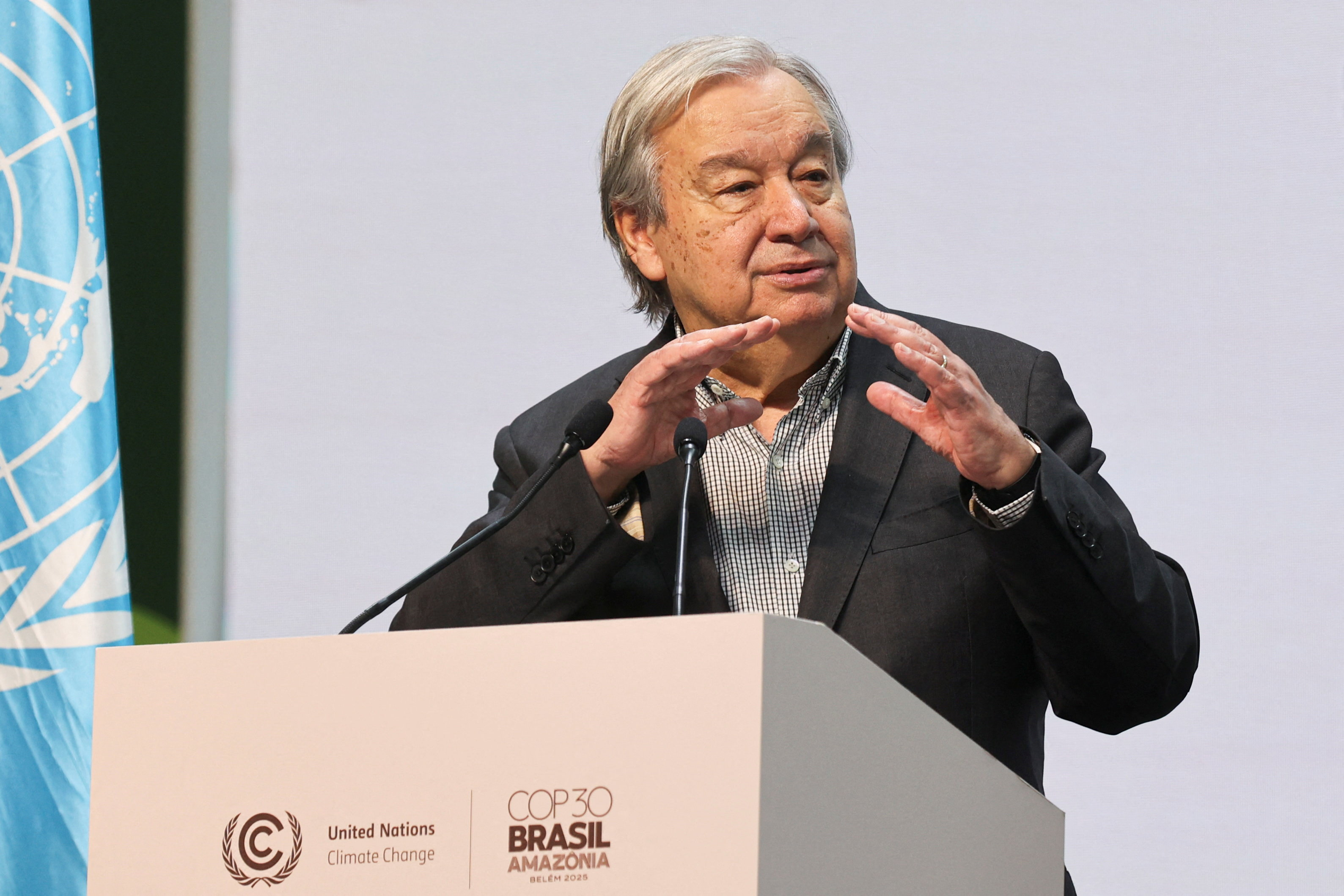 United Nations Secretary-General Antonio Guterres attends a press conference, during COP30 in Belem