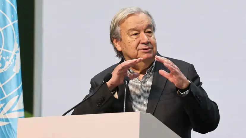 United Nations Secretary-General Antonio Guterres attends a press conference, during COP30 in Belem