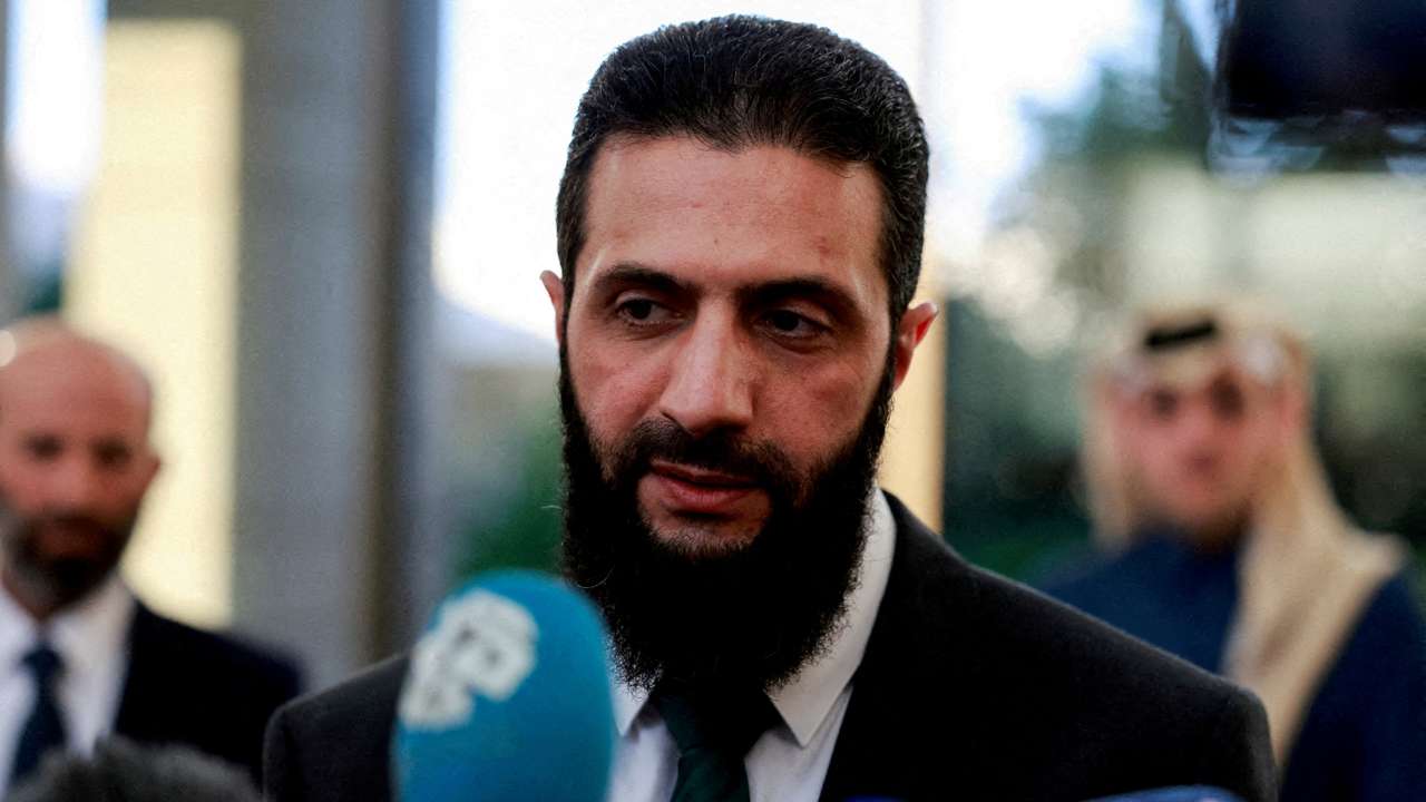 FILE PHOTO: Ahmed al-Sharaa speaks to the media in Damascus