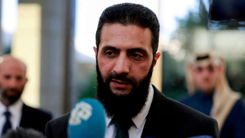 FILE PHOTO: Ahmed al-Sharaa speaks to the media in Damascus
