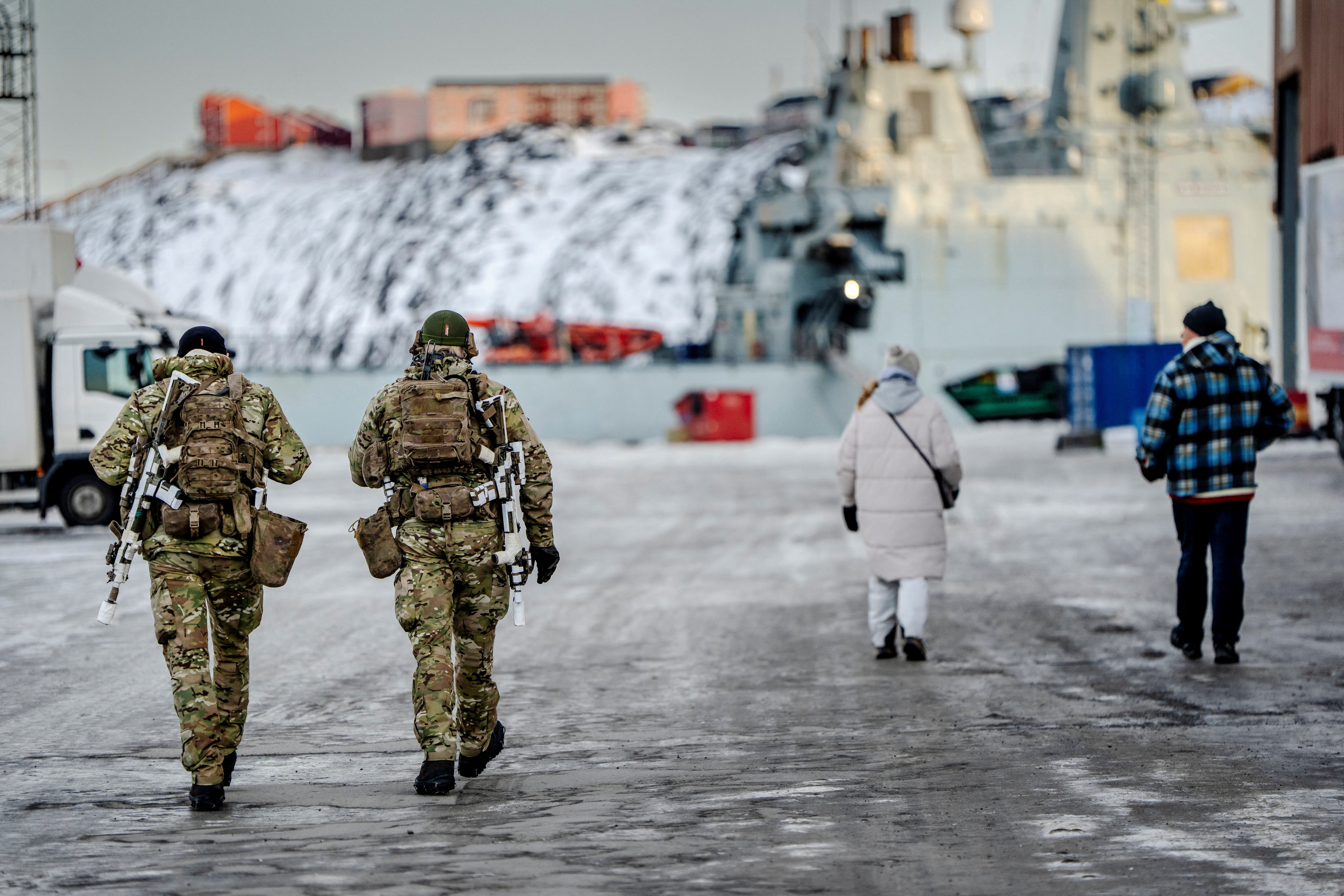 Soldiers guard the harbor in Nuuk