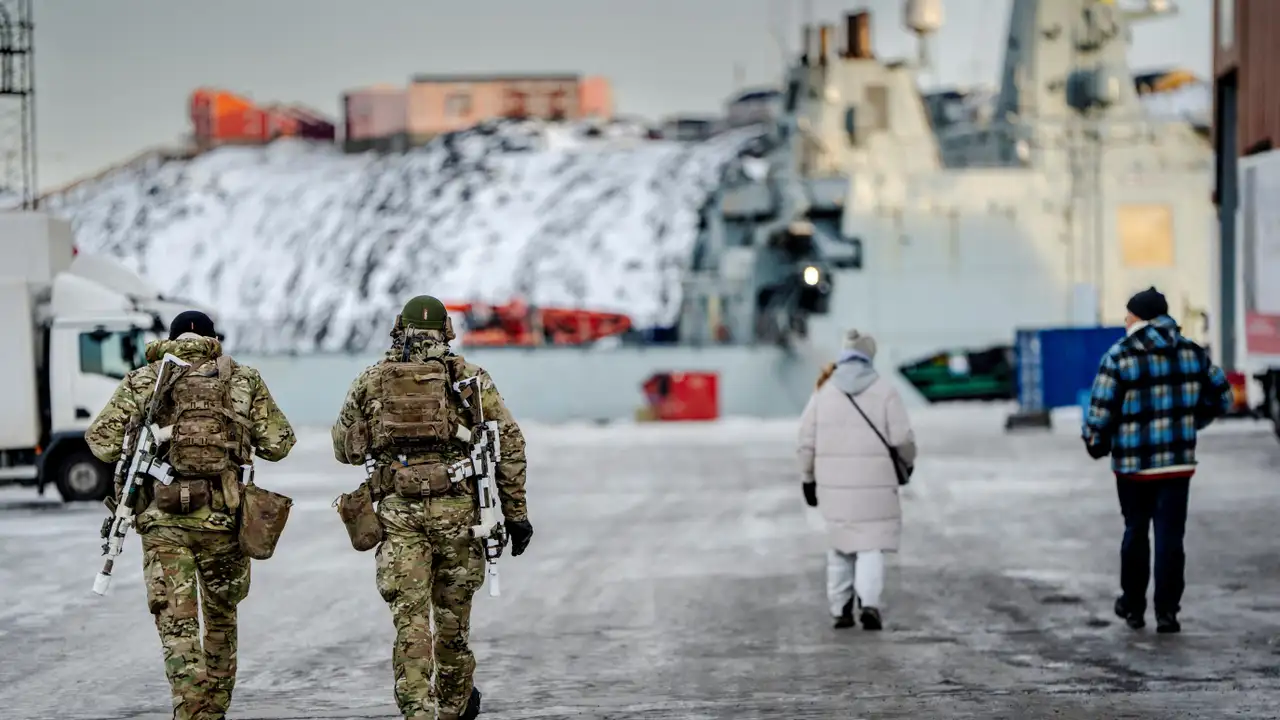 Soldiers guard the harbor in Nuuk