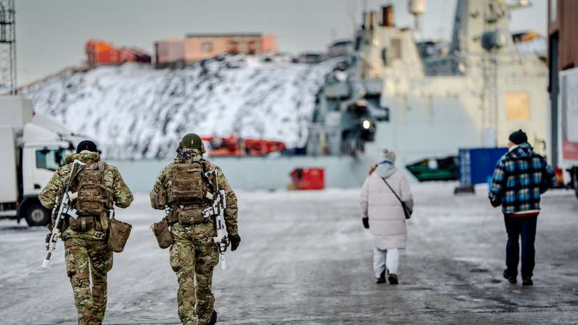 Soldiers guard the harbor in Nuuk