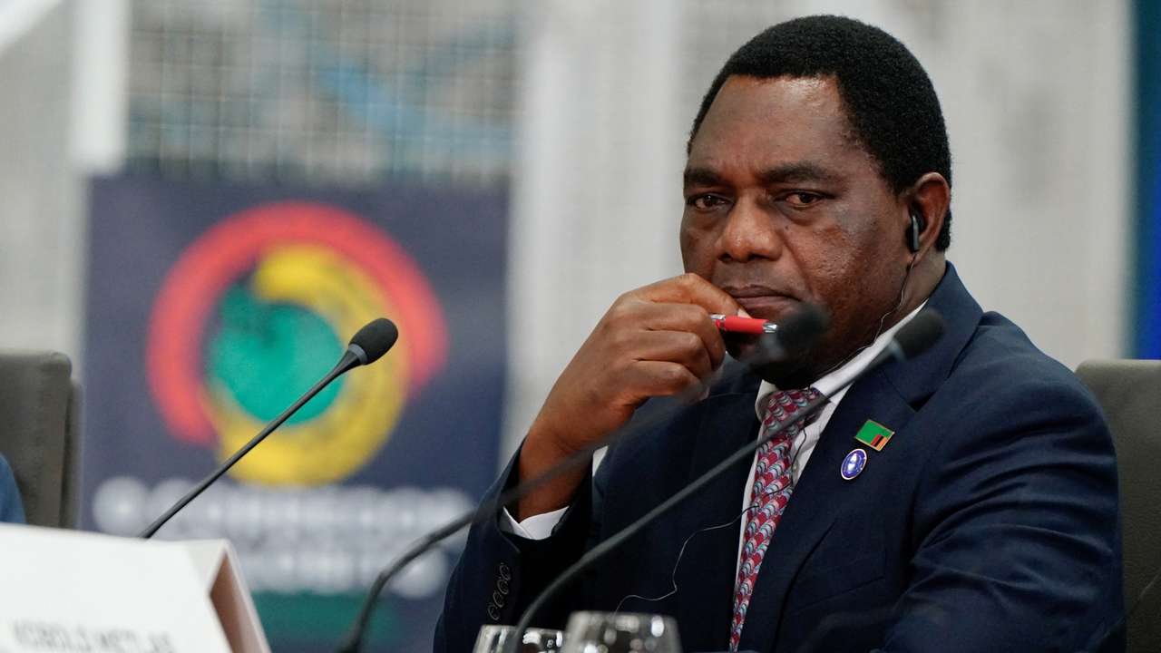 Zambia's President Hakainde Hichilema attends a meeting with U.S. President Joe Biden (not pictured), at a Carrinho facility, near Lobito, Angola, December 4, 2024. REUTERS/Elizabeth Frantz