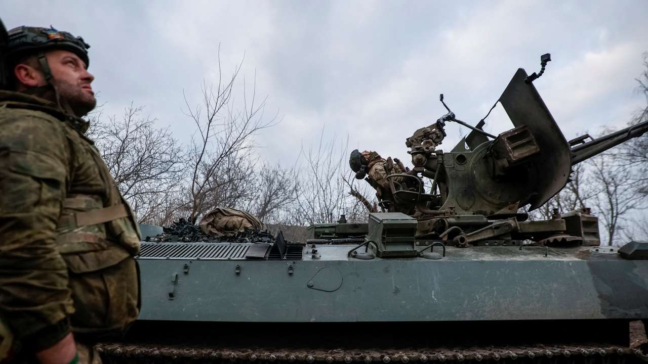 FILE PHOTO: Ukrainian servicemen from air defence unit monitor a sky at a frontline near the town of Bakhmut