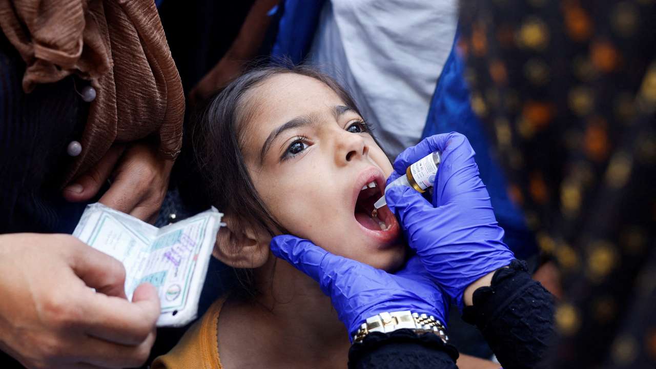 Palestinian children are vaccinated against polio, in Khan Younis in the southern Gaza Strip