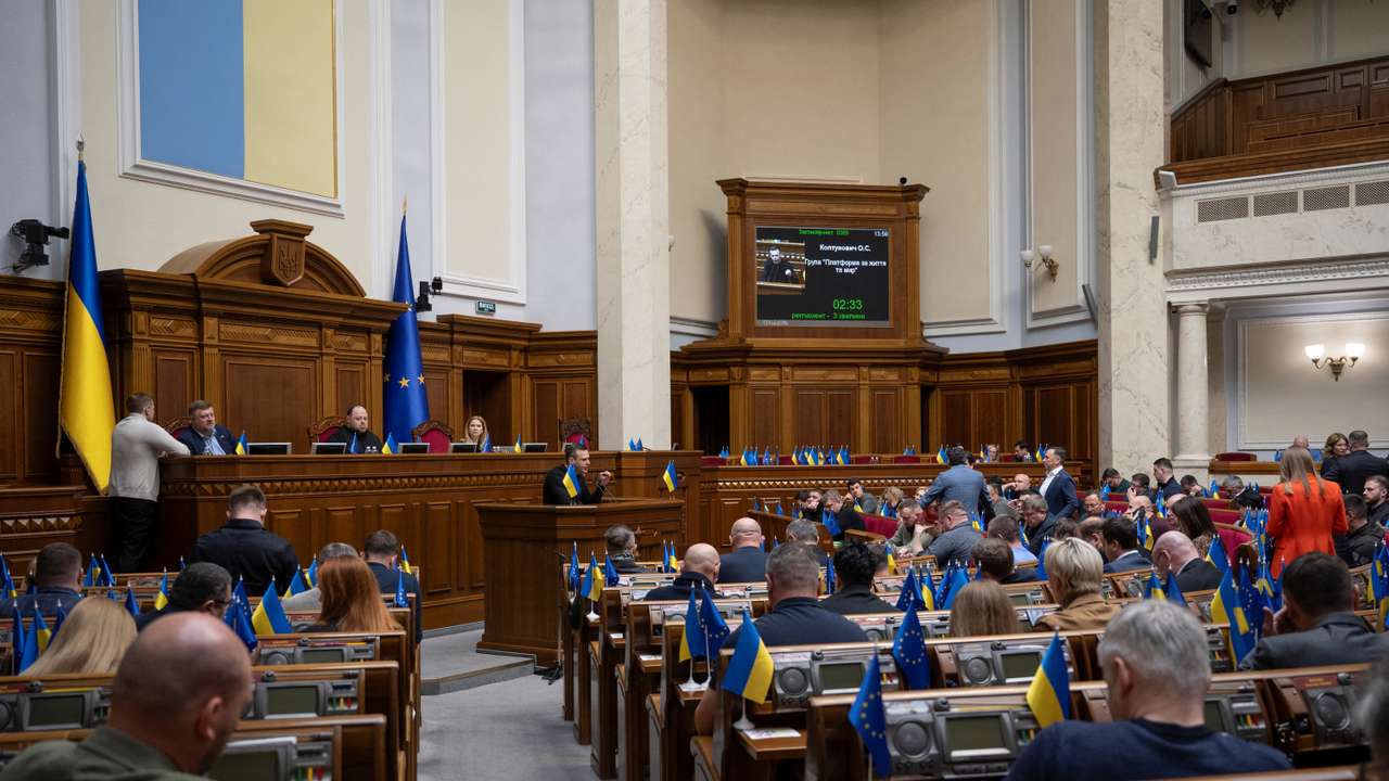 Ukrainian lawmakers discuss ratifying the deal with the United States about mineral resources during a session of parliament in Kyiv