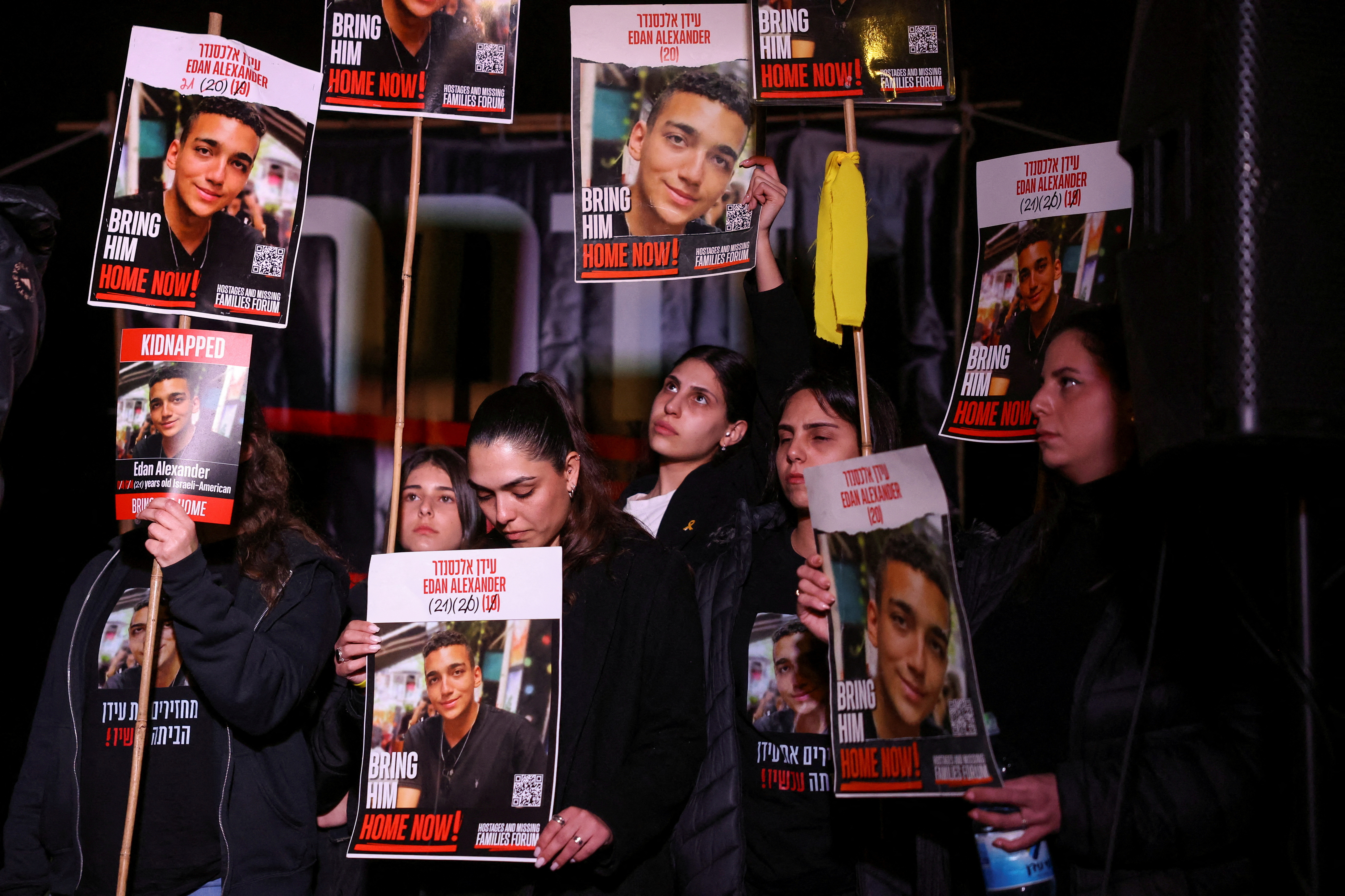 Supporters of Israeli hostages kidnapped during the October 7, 2023 attack on Israel by Hamas, take part in a protest as they demand the release of all hostages in the 555 day since the kidnapping, in Jerusalem