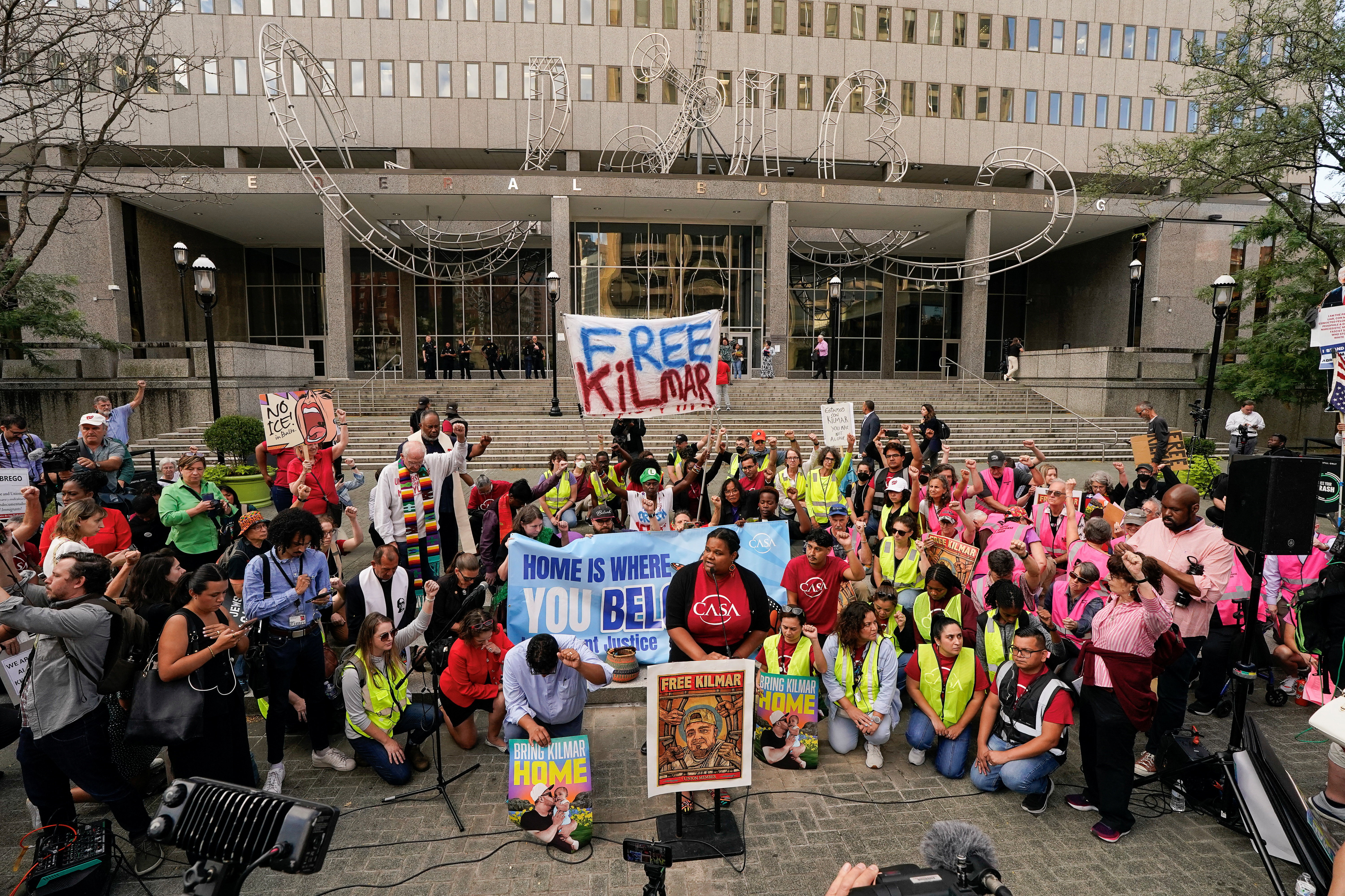 Wrongly deported migrant Abrego Garcia appears for a check in at the ICE Baltimore field office