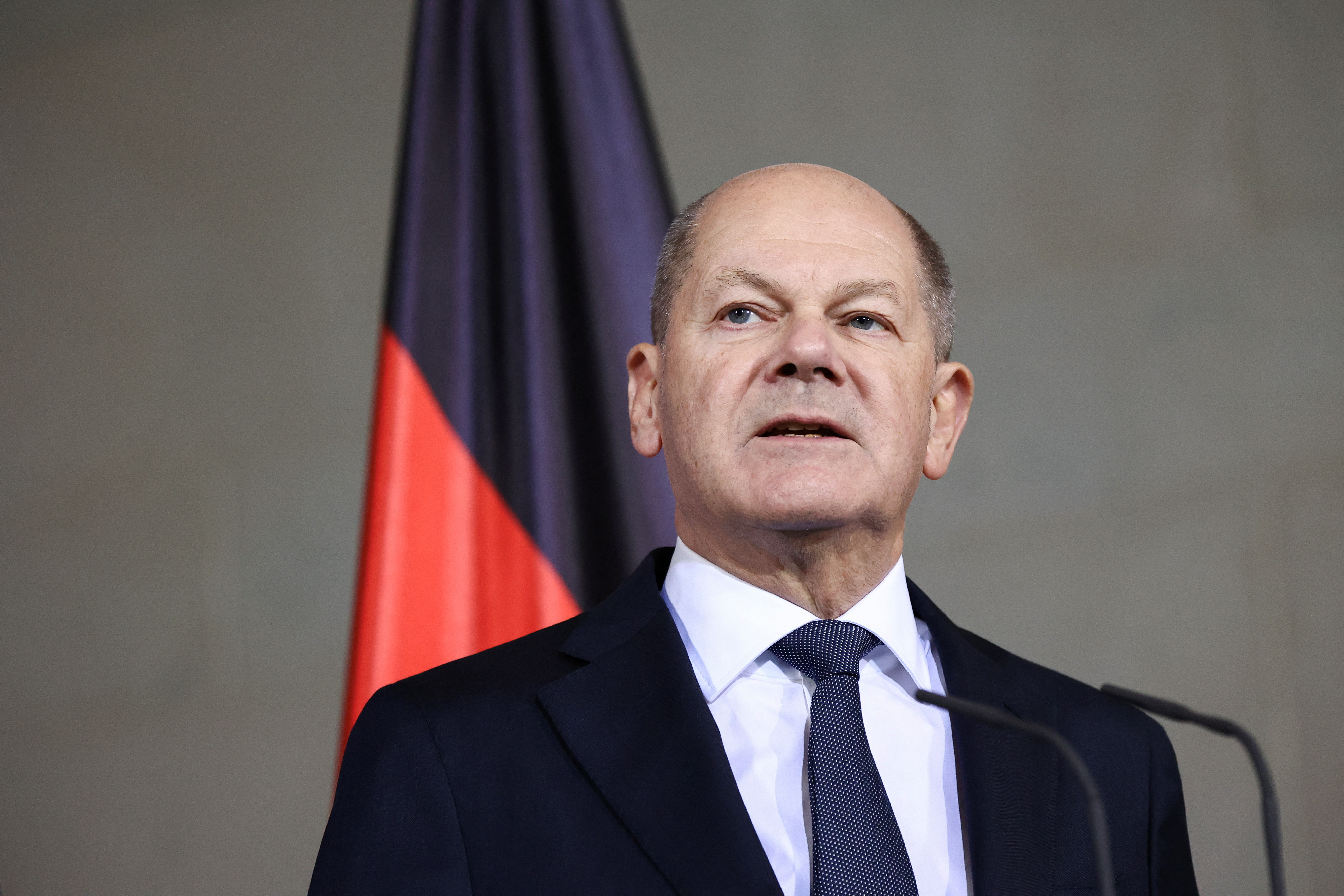 German Chancellor Scholz talks to reporters after confidence vote request submitted in Berlin