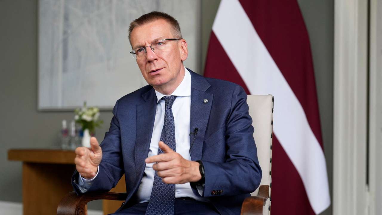 Latvian President Edgars Rinkevics speaks during interview in Riga