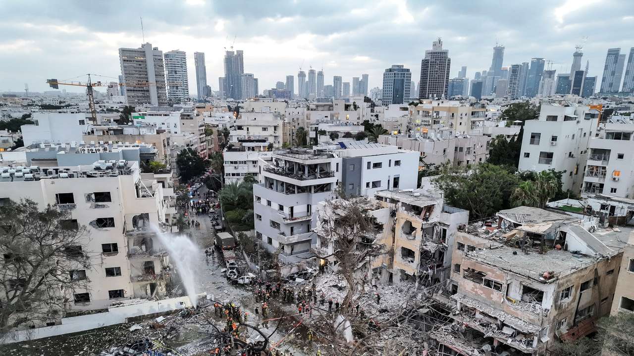A drone photo shows the damage over residential homes at the impact site following missile attack from Iran on Israel, in Tel Aviv