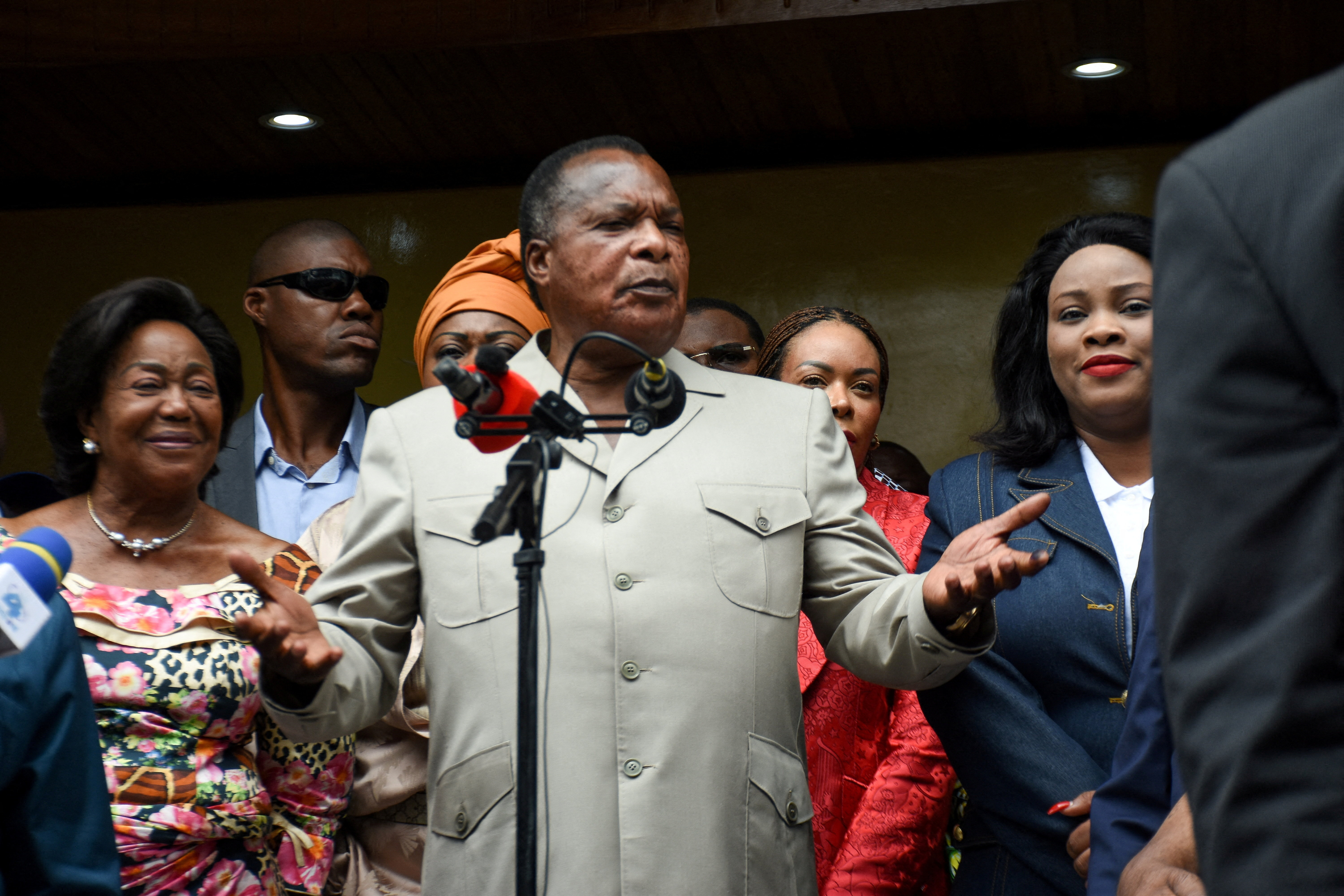 Incumbent President of the Republic of Congo Denis Sassou Nguesso speaks after casting his vote during the presidential election at a polling station in Brazzaville