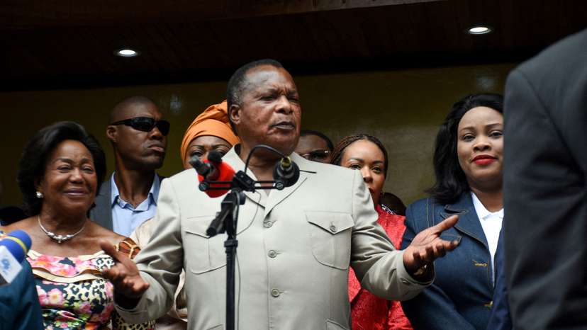 Incumbent President of the Republic of Congo Denis Sassou Nguesso speaks after casting his vote during the presidential election at a polling station in Brazzaville