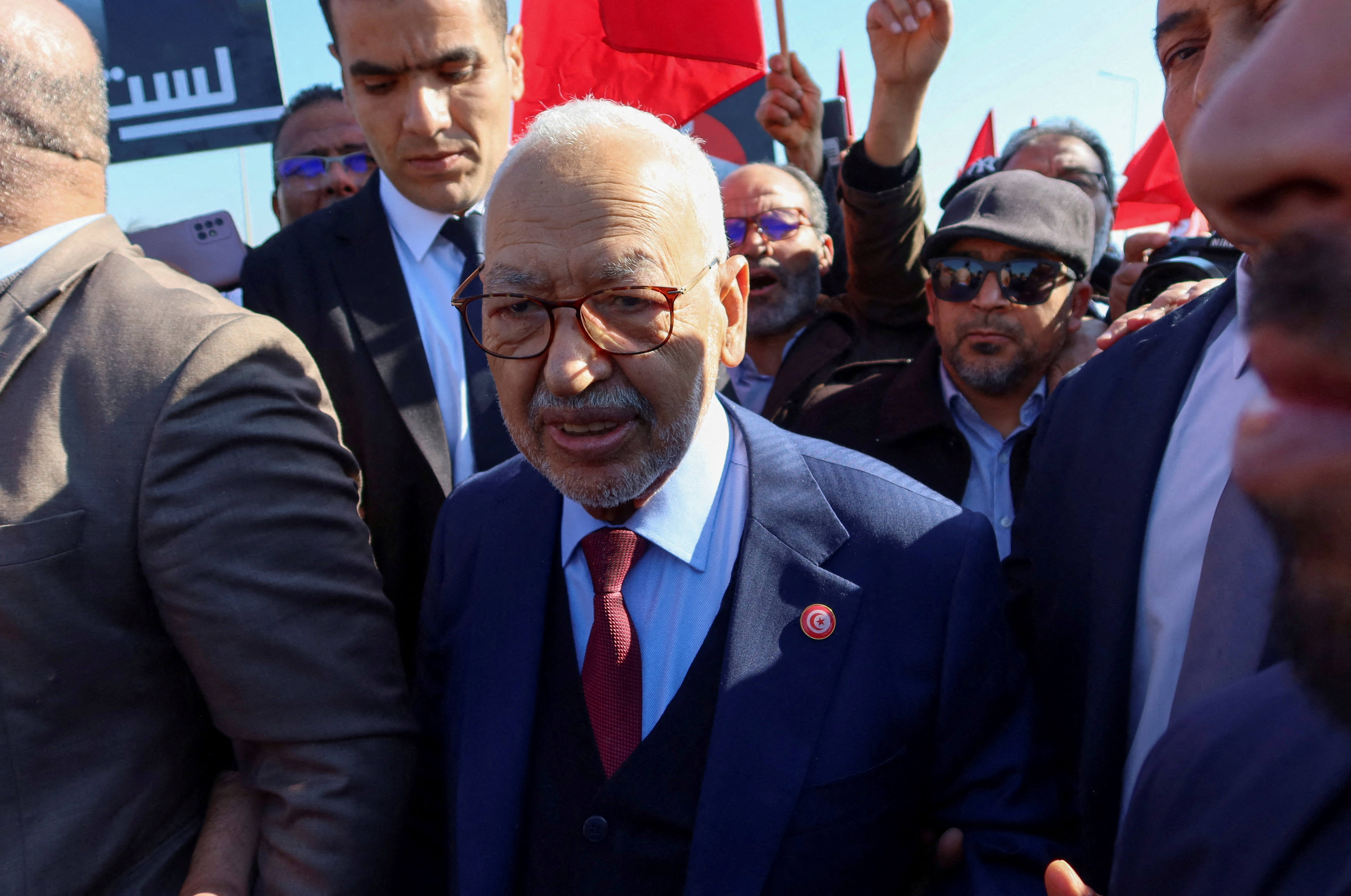 FILE PHOTO: Rached Ghannouchi, head of the Islamist Ennahda party arrives at a court for questioning in Tunis
