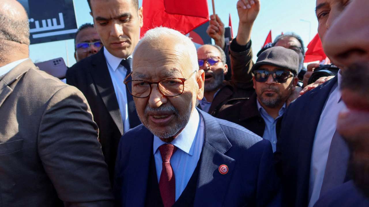 FILE PHOTO: Rached Ghannouchi, head of the Islamist Ennahda party arrives at a court for questioning in Tunis
