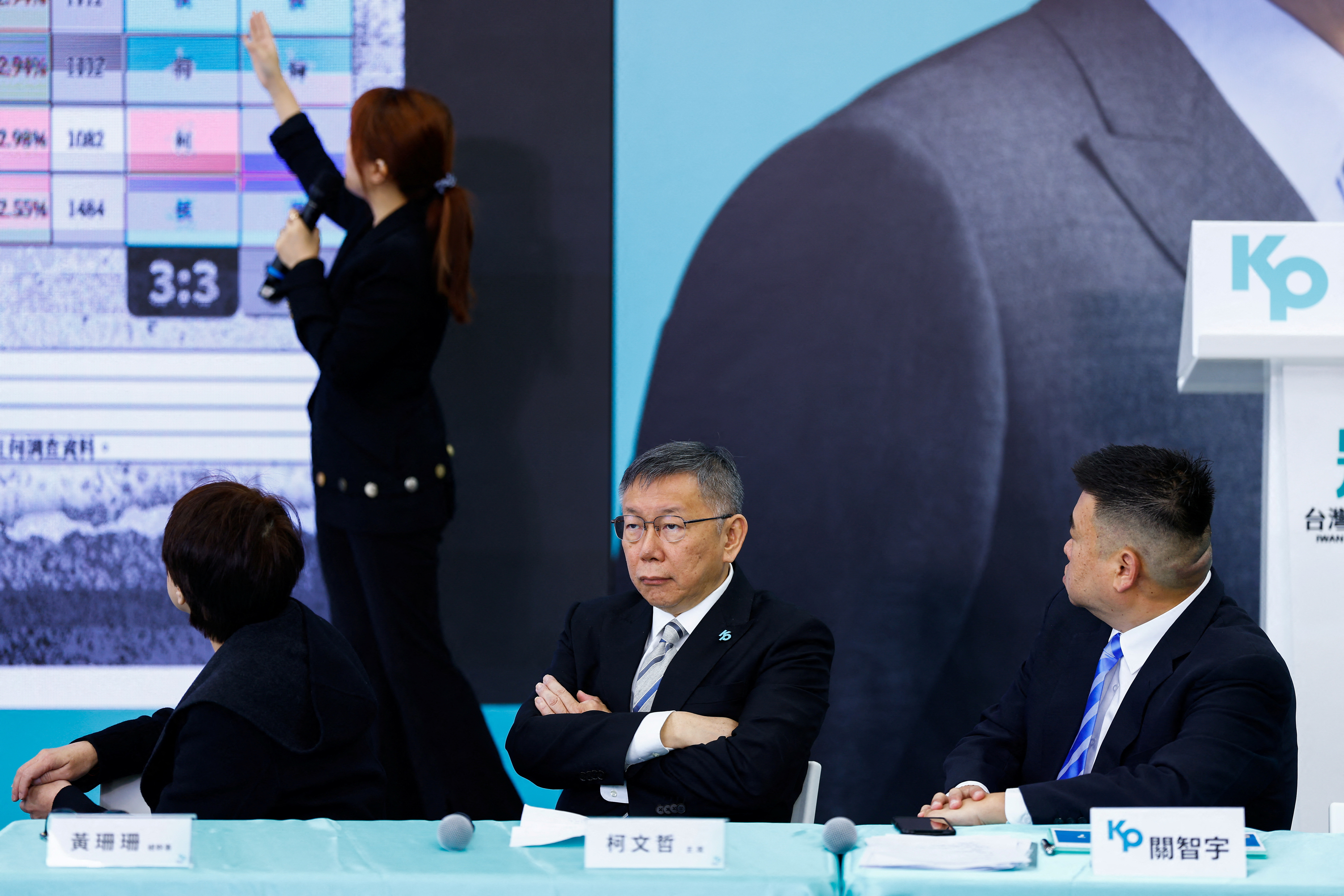 Taiwan People’s Party Chairman Ko Wen-je reacts during a press event with the media in Taipei