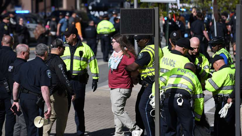 Students and workers hold a pro-Palestinian rally near MIT's Stata Center