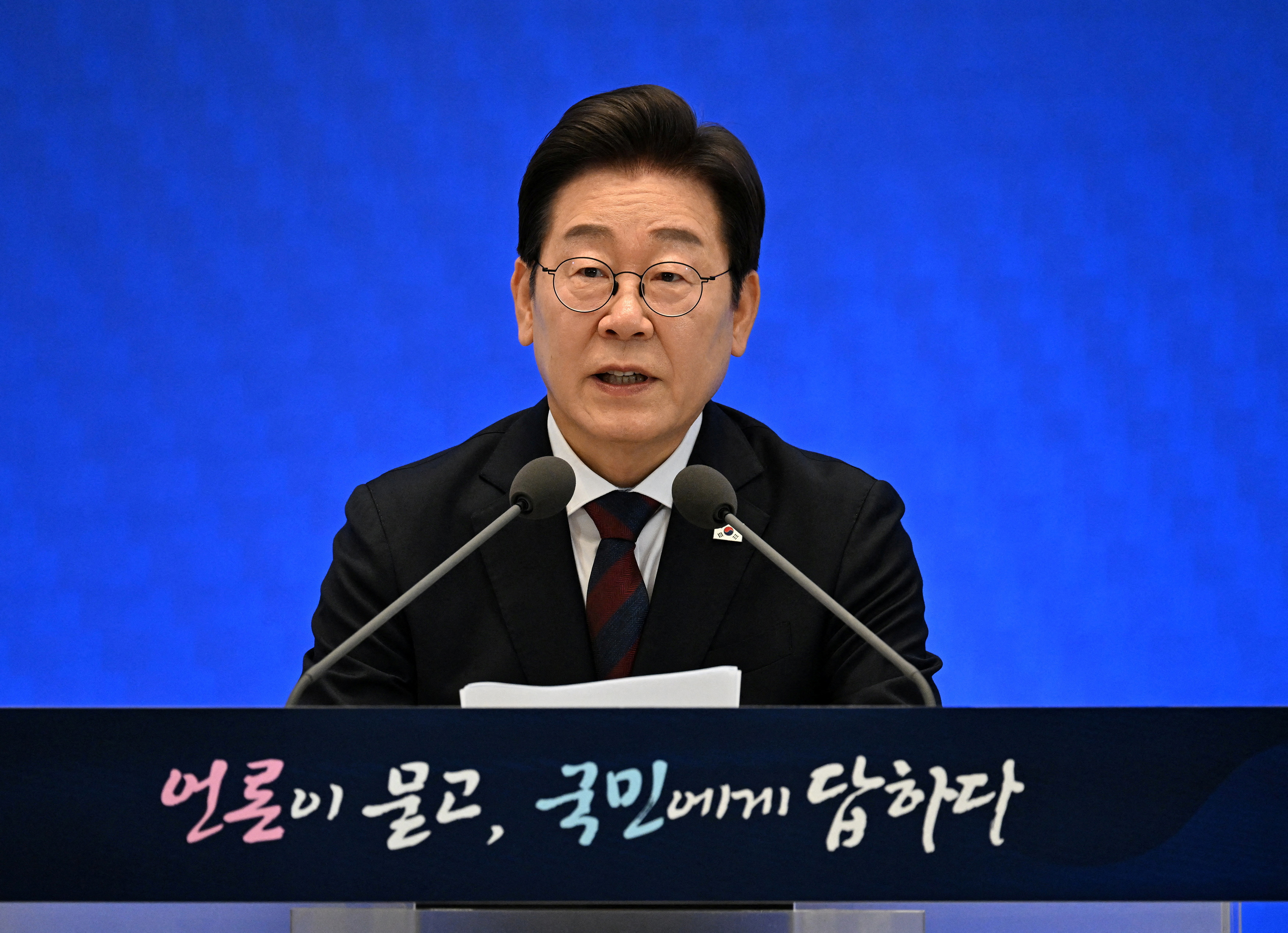 South Korea's President Lee Jae Myung holds a press conference, in Seoul