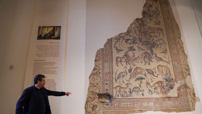 A view shows a mosaic artefact that was damaged by a sniper during the Lebanese civil war, at the National Museum of Beirut